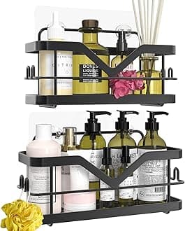Shower Caddy Black, Bathroom Storage Shower Shelf No Drilling Adhesive Shelf with Included Hooks for Hanging Razor and Towels - 2 Pack