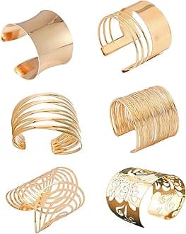 2 Pieces Gold Tone Cuff Bangle Bracelet Set for Women Girls Adjustable Smooth Wide Thin Thread Wire Armband Armlet Wrist Jewelry Set