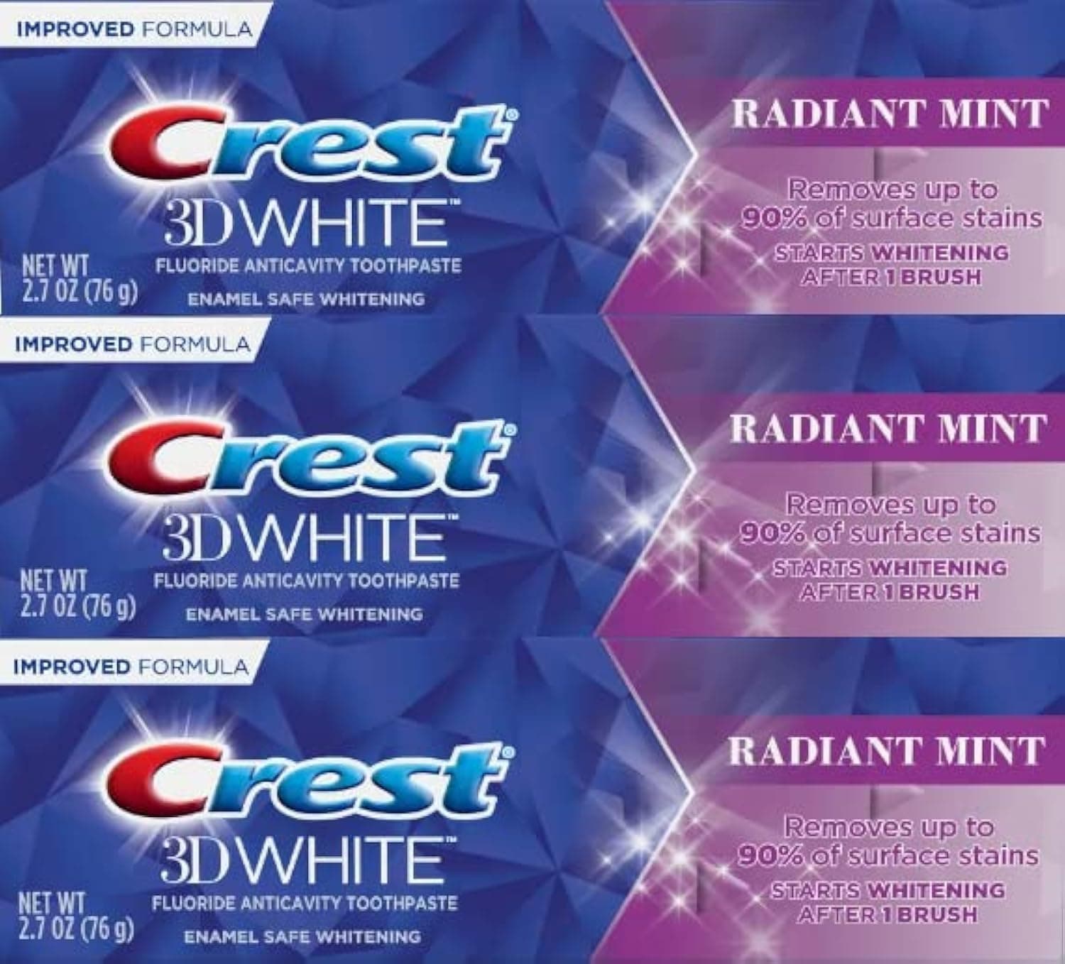 Crest 3D White Toothpaste Radiant Mint, 2.7 Oz (76g) - Pack of 3