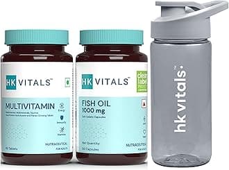 HealthKart HK Vitals Fish Oil and Multivitamin Combo, 60 Omega 3 Fish Oil Capsules (1000 mg Omega 3 with 180 mg EPA & 120 mg DHA) & 60 Multivitamin Tablets with 300 ml Sipper