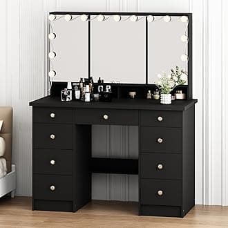 Large Vanity Desk with Trifold Mirrors & Hollywood Bulbs, 43.3" W Makeup Vanity Desk with LED Lights in 3 Color Modes & Brightness Adjustable, Makeup Desk with 9 Drawers for Storage, Black