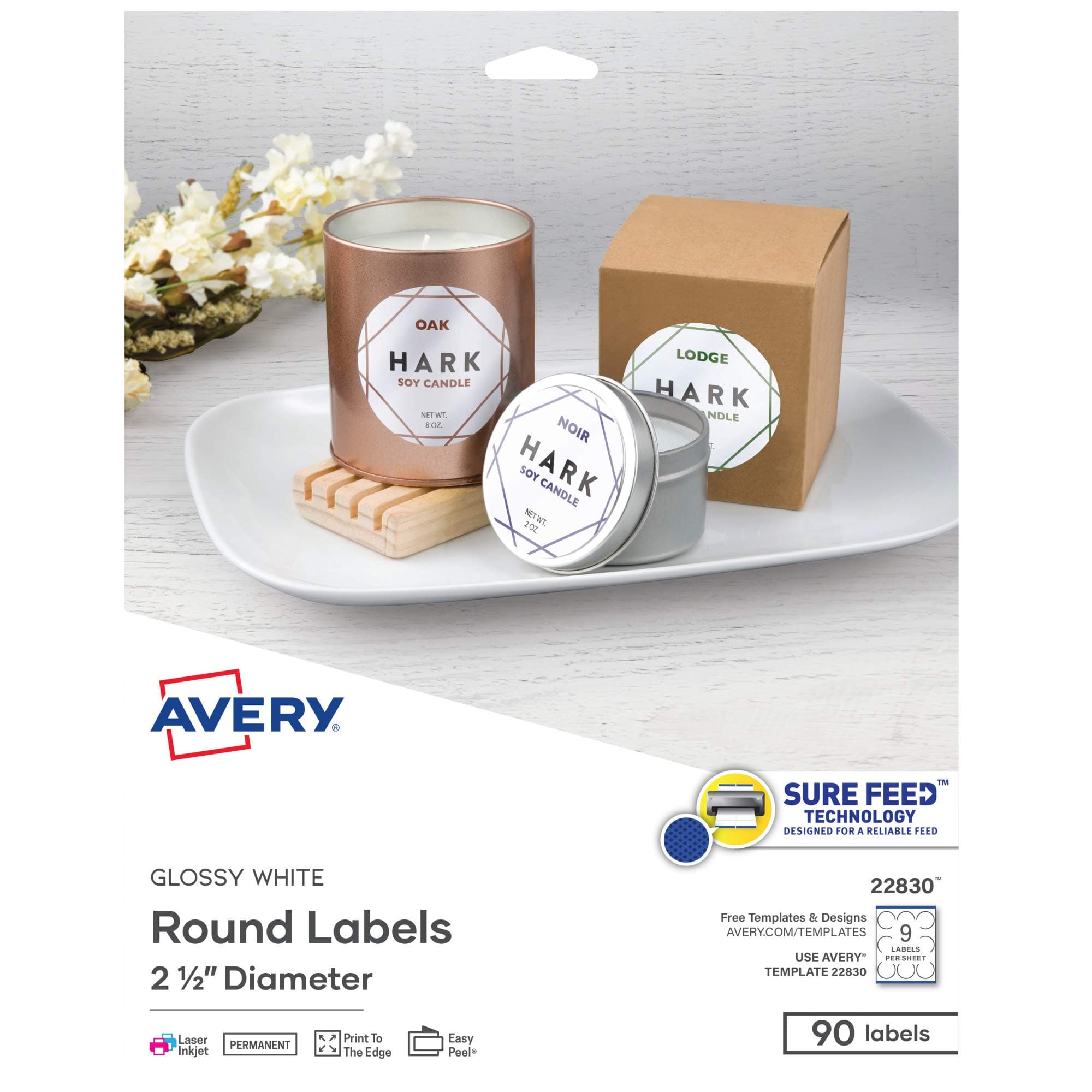 Avery Round Labels for Laser & Inkjet Printers, 2.5", 90 Glossy White (22830)