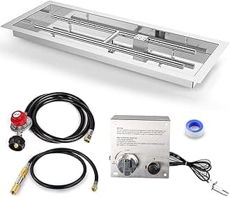 GRISUNDrop-in Fire Pit Kit 30 x 10 Inch, H-Shape Burner with Pan, Come with Upgraded Spark Ignition Kit for Gas Fire Pit, Fire Pit Table Insert Stainless Steel, Suitable for Indoor Outdoor Decoration