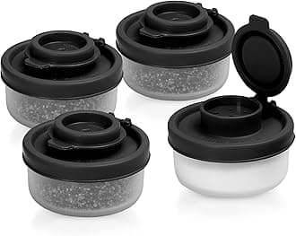 SIGNORAWARE Salt and Pepper Shakers Moisture Proof Set of 4 Small Mini Salt Shaker to go Camping Picnic Outdoors Kitchen Lunch Boxes Travel Spice set Clear with Black Covers Plastic Airtight Dispenser