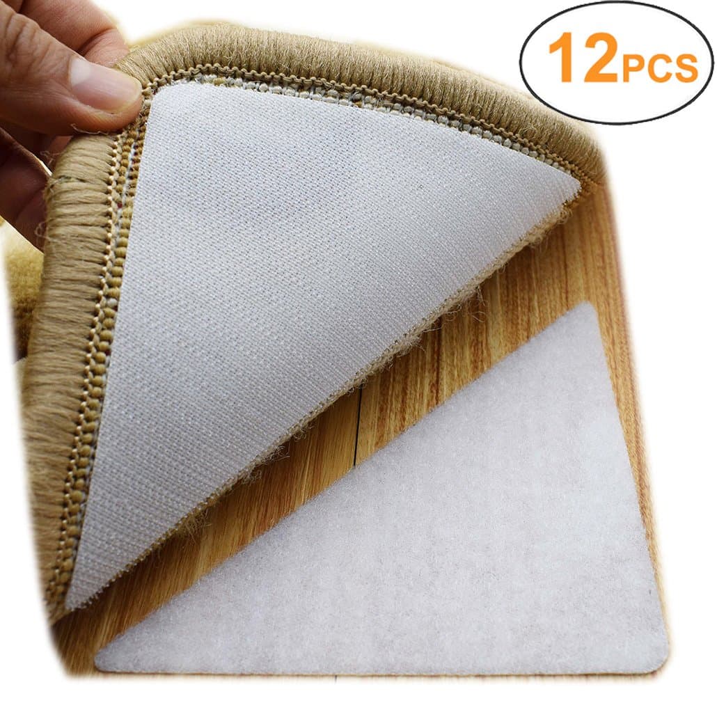 Yorwe Rug Anchors, Double Sided Adhesive Hook and Loop Buckle Nylon Button Staircase Floor Carpet Non-Slip Mat Anti-Skid Stickers Triangle (12PCS, White)