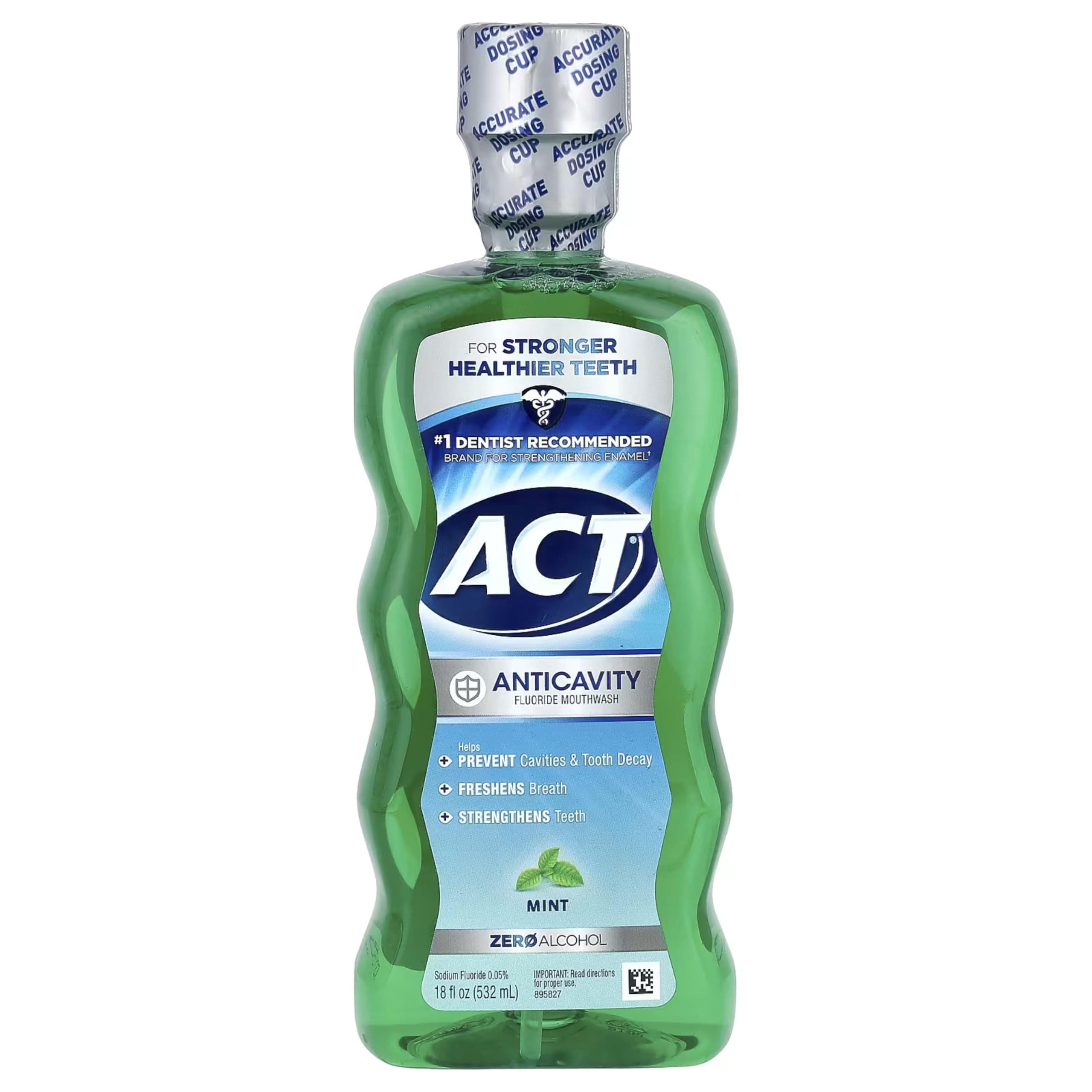 Anticavity Zero Alcohol Fluoride Mouthwash 18 fl. oz. (Pack of 4) With Accurate Dosing Cup, Mint