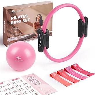 Pilates Ring Set - Premium14”Magic Circle with Dual Padded Handles - Includes Pilates Mini Ball & Highly Elastic Resistance Bands & Workout Guide & Bag