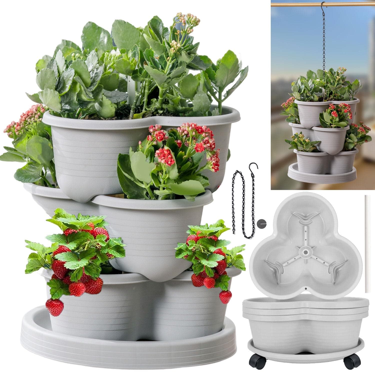 Vertical Strawberry Planter 3 Tier Hanging Vertical Gardening Stackable Planter, Hanging Strawberry Planter Pot for Strawberries, Flowers, Herbs, Vegetables with Removable Wheels and Hooks