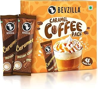 Bevzilla 48 Instant Coffee Powder Sachets (Caramel) - 96 Grams | Makes 48 Cups| Arabica Coffee| Strong Coffee| Easy To Carry| Best For Espresso, Latte,Cappuccino | | Enjoy Hot & Cold