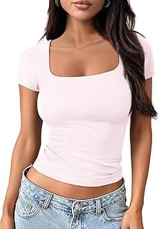 Double Lined Tops for Women Square Neck Cute Going Out Short Sleeve Shirts Spring Summer Crop Tops Teens Tees