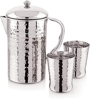 Attro Hammered Finish Stainless Steel Jug Set with 2 Glass with Lid, Look Perfect on Dinning Table 1500 ml - Silver
