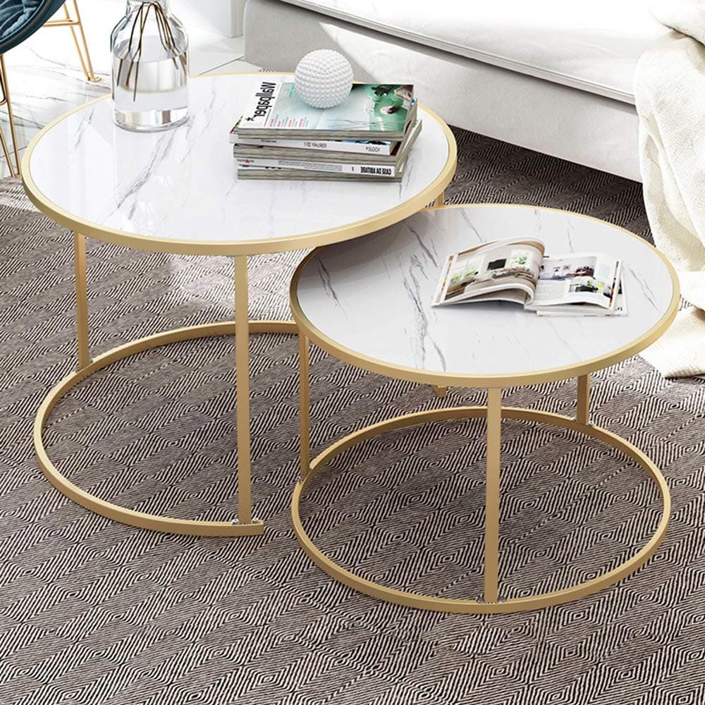 Round Tea Table Set,4HOMART Marble Style Coffee Table Set Round Marble Counter Tops with Steel Frame for Home Living Room and Office