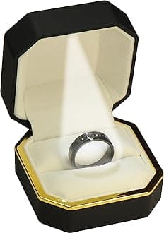 Black Ring Box for Men for Engagement, Wedding,Proposal…Luxury Octagonal Design with Gold Trim LED Men's Wedding Band Storage Ring Jewelry Gift Holder Box with Light