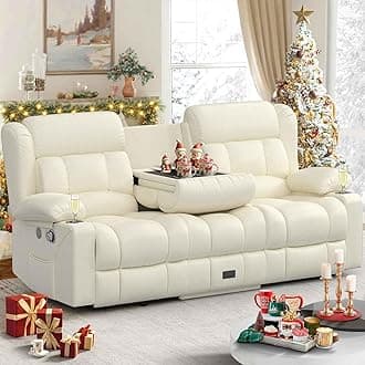 Loveseat Recliner Sofa, Flip Middle Backrest Design PU Leather 3 Seat Reclining Sofa with Storage Drawer, Manual Couch for Living Room (Ivory White, PU)