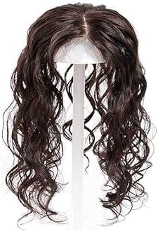 Curly Human Hair Forehead Topper for Women with Thinning Hair, Clip in 3.5" x 5.5" Silk Base Top Hairpieces Wiglets, 12" Dark Brown
