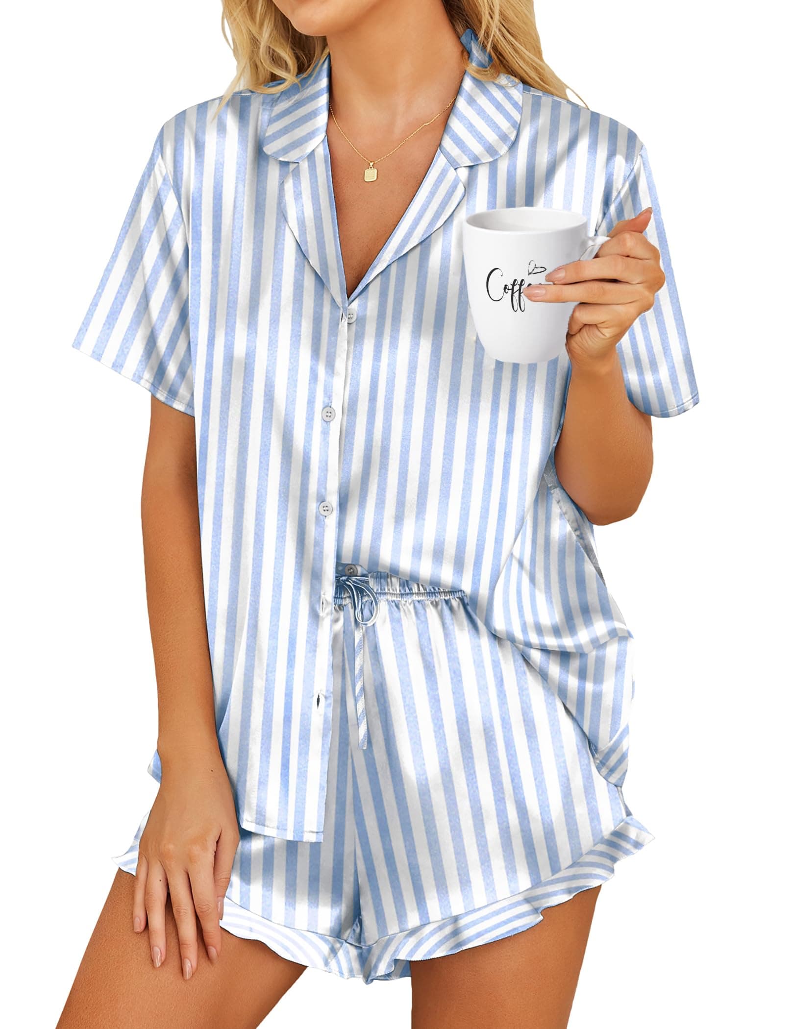 Womens Satin Pajamas Set Button Down 2 Piece Silk Pjs Shorts Set Ruffle Lingerie Notch Collar Sleepwear