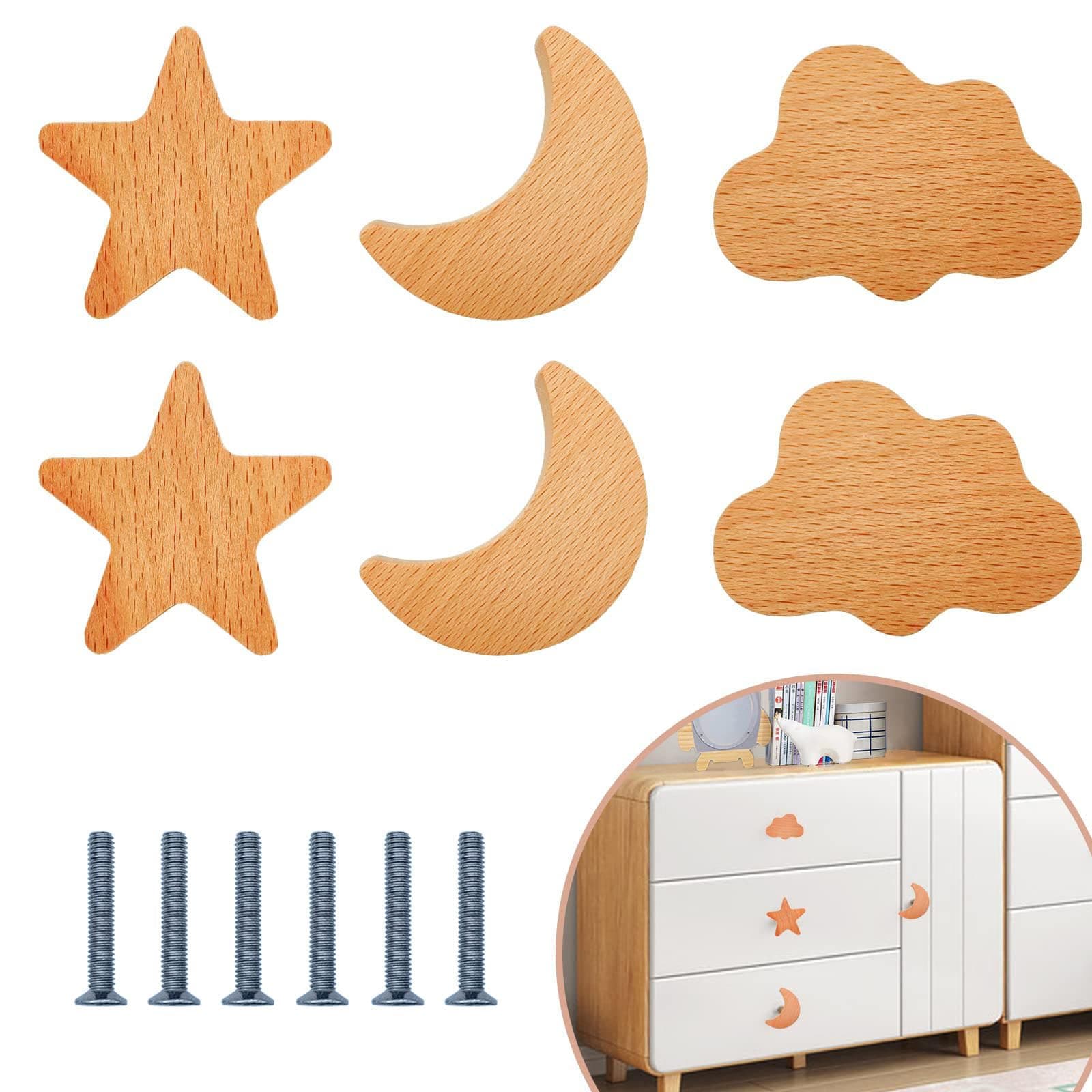 6PCS Wooden Cabinet Knobs Star Moon Cloud Shape Wood Knobs for Nursery Room, Kids Dresser Knobs Nursery Drawer Handles with Screws