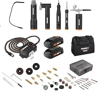 WX996L MAKERX 6 Tool Kit: Rotary Tool, Wood & Metal Crafter, Air Brush, Heat Gun, Grinder and LED Flex Light in Carry Bag