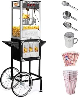 Popcorn Machine with Cart, Wheels & 8 Ounce Kettle Makes Up to 32 Cups, Popcorn Maker w/Candy Dispensers Scoop Oil Spoon & 3 Popcorn Cups Movie Theater Style for Commercial Home, ETL Certified