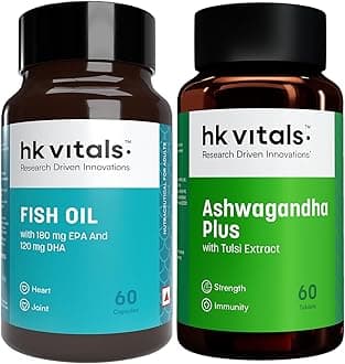 HealthKart hk vitals Fish Oil Capsules For Men And Women (1000 mg Omega 3 with 180 mg EPA & 120 mg DHA), 60 Omega 3 Fish Oil Capsules with Ashwagandha Extract 500 mg, 60 Ashwagandha Capsules
