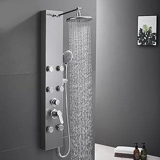ROVATE Shower Panel Tower System 304 Stainless Steel, Shower Panel System with Adjustable Rainfall Shower Head, 6 Body Massage Jets and 5 Functions Handheld, Brushed Surface