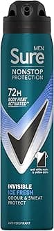 Sure Men Nonstop Protection Invisible Ice Fresh Deodorant Body Spray Antiperspirant with body heat activated technology for 72 hour odour and sweat protection 250 ml