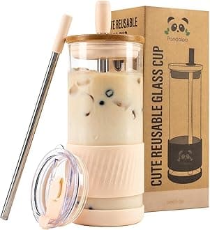 Glass Cups With Lids and Straws -20 Fl Oz- Perfect Size Iced Coffee Cup - Smoothie Cup With Bamboo Lid and On the go Lid - Glass Tumbler With Straw (1 Count (Pack of 1), Vanilla Cream)