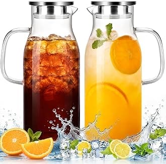LUNA&MANTHA 2 Pack 2 Liter 68 oz Glass Pitcher with Lid and Handle, Water Pitcher for Fridge, Large Ice Tea Jug for Hot/Cold Drinks, Thick Borosilicate Glass Carafe for Coffee, Juice, Sangria
