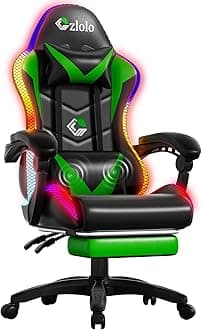 Czlolo Gaming Chair, Racing Style RGB LED Lights Gaming Chairs for Adults and Kids, Lumbar Massager Gamer Chair, High Back Reclining Computer Chair with Footrest and Headrest (Black/Green)
