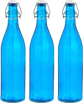 Machak Colhexa Glass Bottles With Cork 1litre, Kitchen Decoration (Blue, Set of 3)