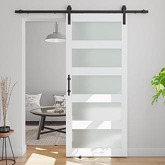 40in x 84in 5-Panel Sliding Glass Barn Door with 7ft Hardware Kit Included, Easy Assembly with Pre-Drilled Holes, Waterproof, Frosted Glass for Bathroom-Fit Max Opening 38in x 82in, White