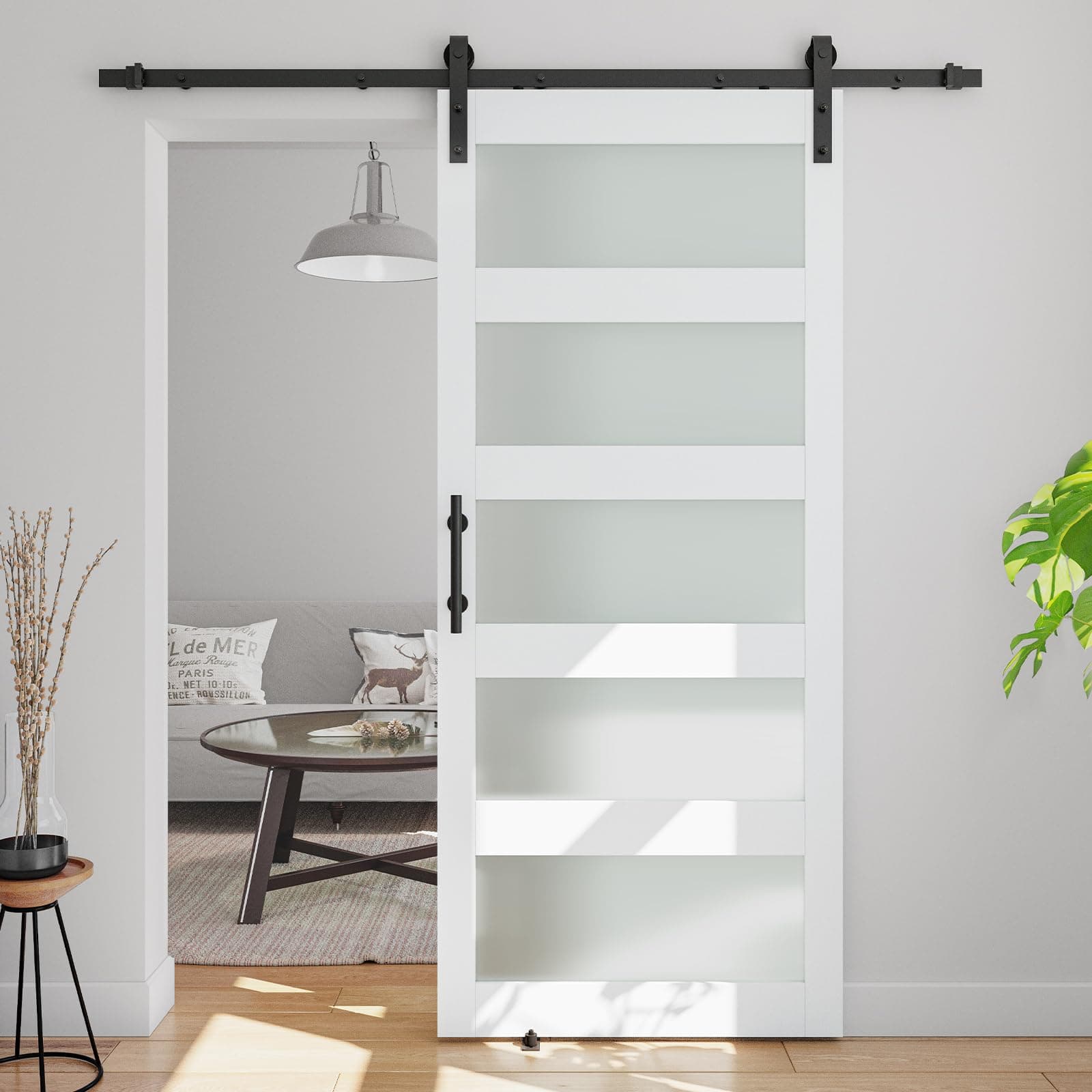 32" x 84" 5 Panel Glass Barn Door with 6ft Sliding Door Hardware Kit & Handle with Drilled Holes for Easy Assembly - Barn Door Slab and MDF Interior Covered with Waterproof PVC Surface, White