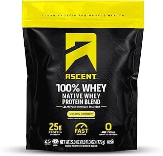 Ascent 100% Whey Protein Powder - Post Workout Whey Protein Isolate, Zero Artificial Flavors & Sweeteners, Gluten Free, 5.5g BCAA, 2.6g Leucine, Essential Amino Acids, Lemon Sorbet 1.7 lb