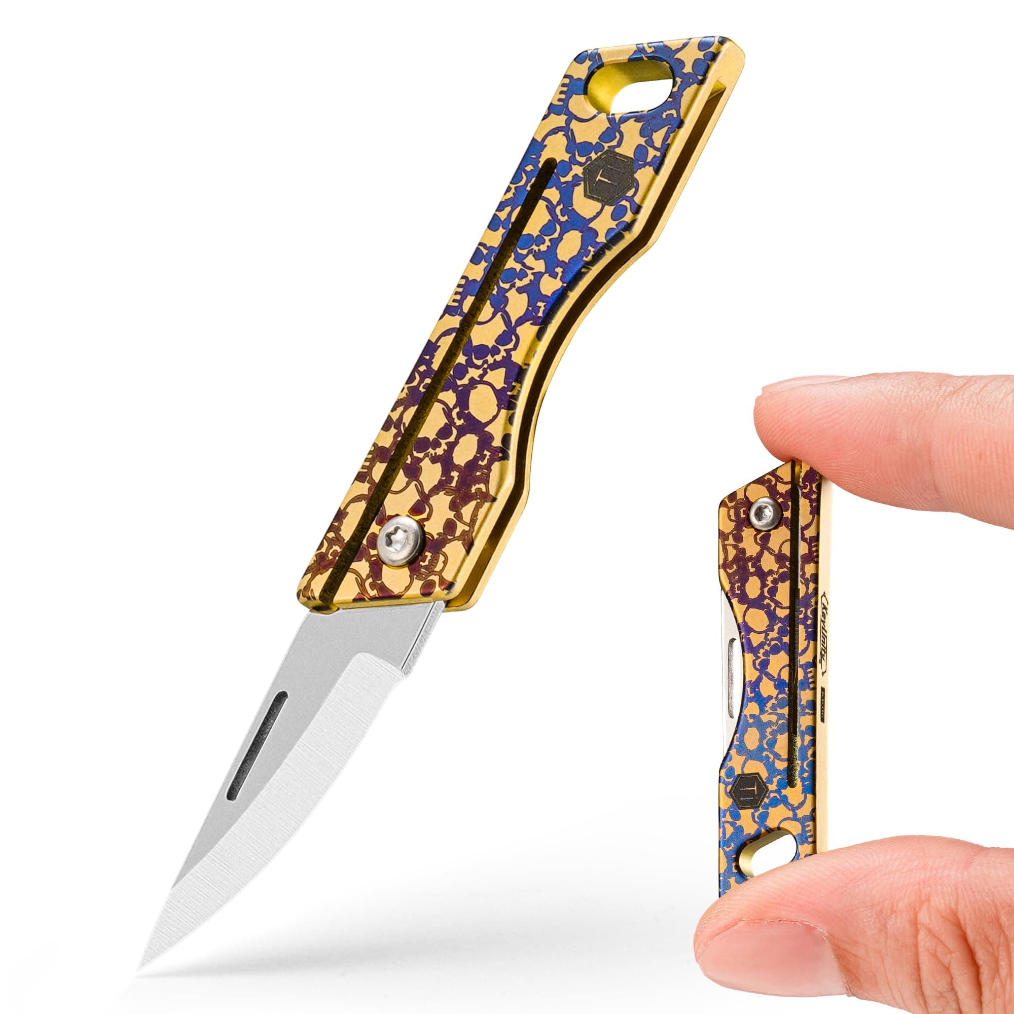 KeyUnity KK06 Titanium Keychain Knife, Lightweight Folding Knife For Daily Cutting Mail, Packages, Ropes, And Tapes (Skull)