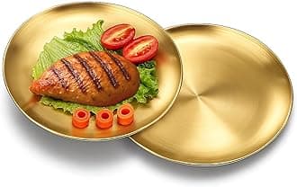 2 Pack Gold Stainless Steel Salad Plates -10 Inch Gold Stainless Steel Plates, Round Metal Dinner Plates, Reusable Gold Dinnerware For Serving Metal Plates Snack plate Camping Plate Nut plate