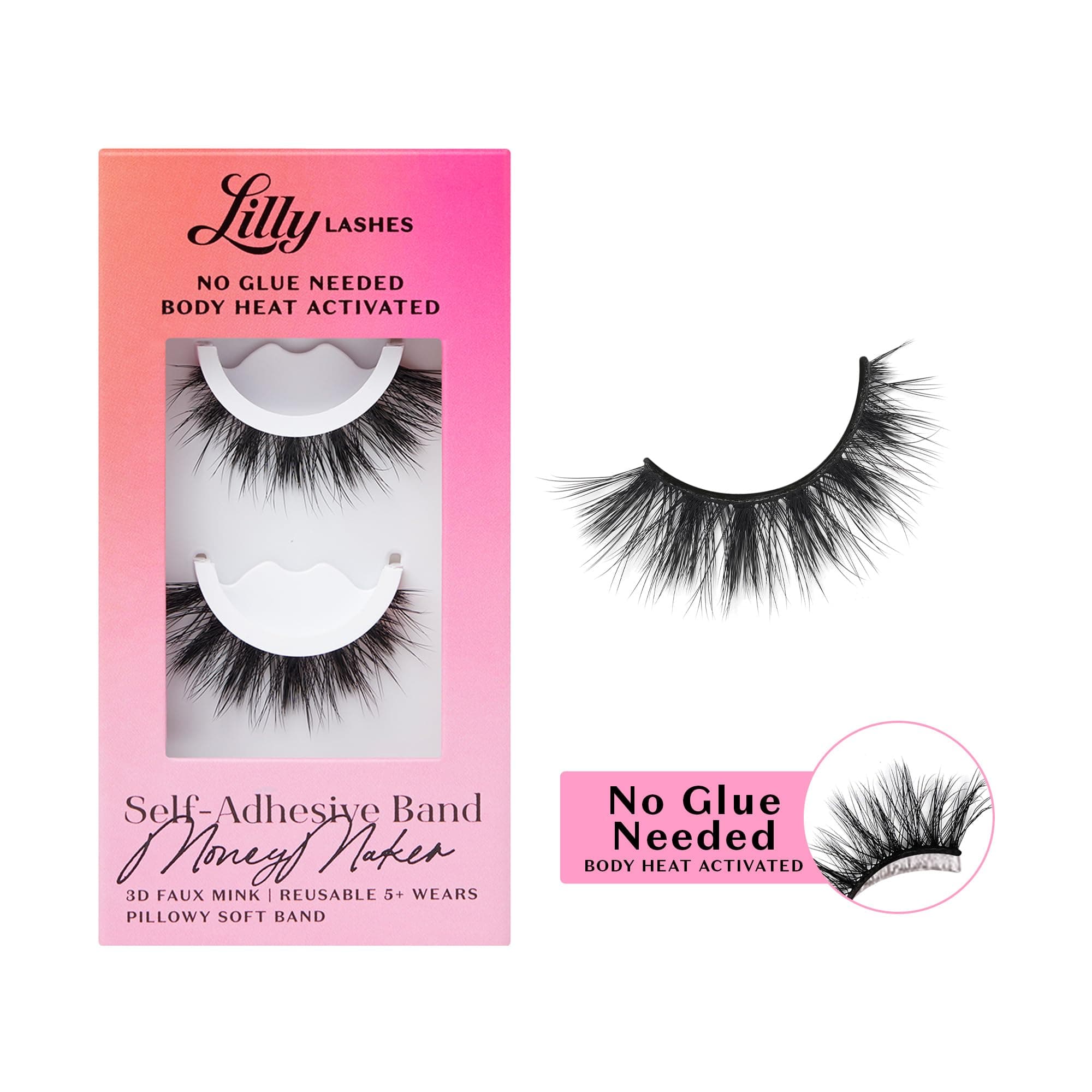 Lilly Lashes 3D Self Adhesive Eyelashes, No Lash Glue Needed, Body Heat Activated Press on Lashes, Reusable Self Adhesive Eyelashes Up to 5x, Natural Lashes, Easy to Apply & Remove (MoneyMaker)