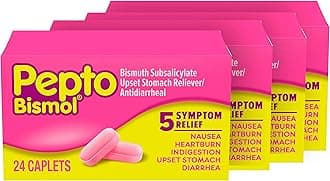 Caplets for Nausea, Heartburn, Indigestion, Upset Stomach, and Diarrhea - 5 Symptom Fast Relief in a Convenient Form 24 ct (Pack of 4)