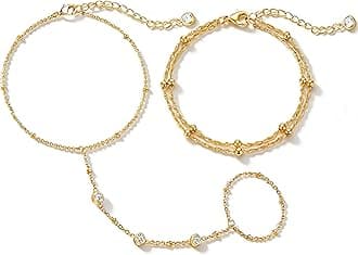Gold Bracelets for Women, 14k Gold Plated Hand Chain Bracelet, 2 Pcs Ring Bracelets for Women Trendy Dainty Cubic Zirconia Bracelet Ring Bracelet Hand Jewelry Adjustable 6.3'+2'