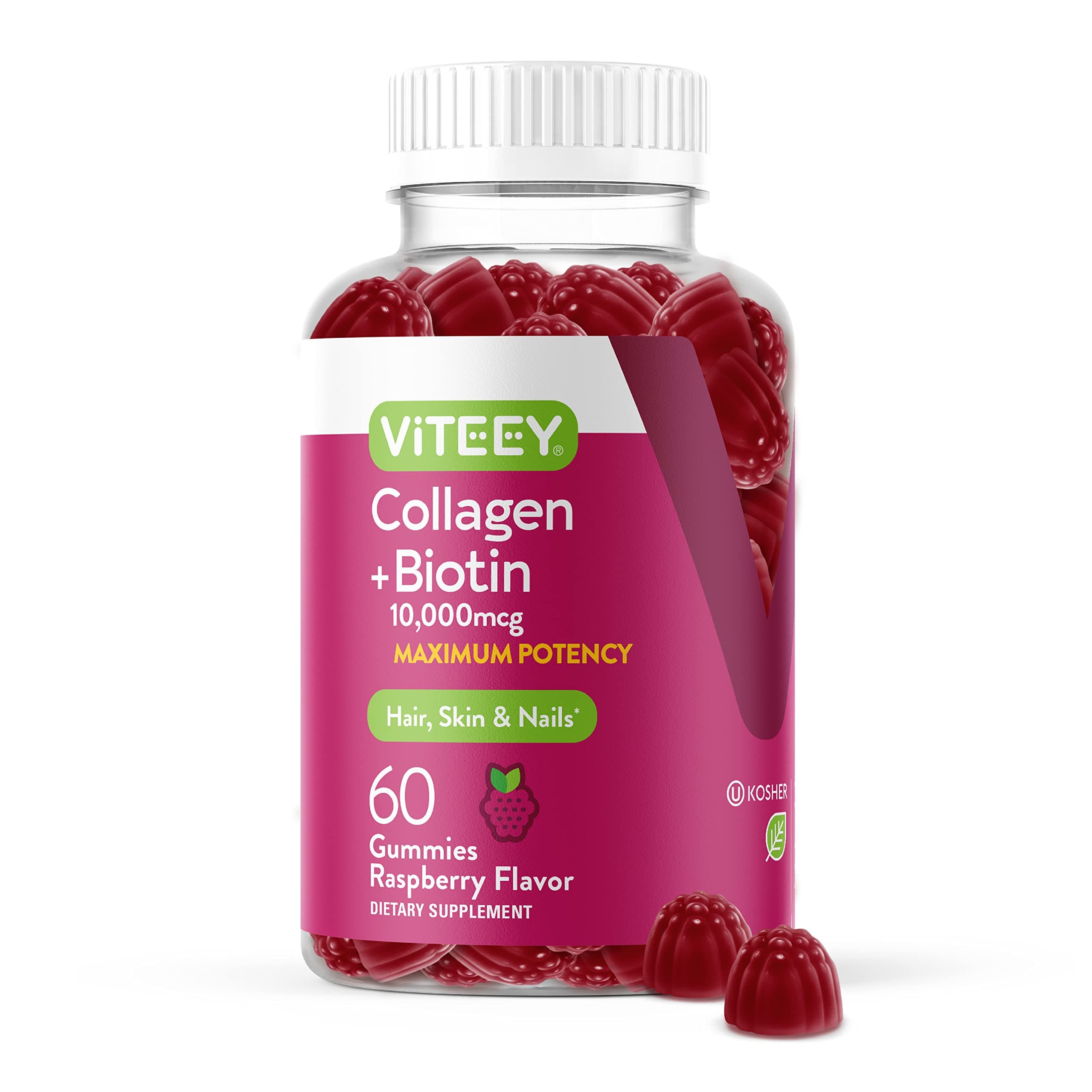 Viteey Collagen Gummies with Biotin Gummies for Hair Skin and Nails Vitamins - Biotin and Collagen Supplements for Women & Men - Gluten-Free – 60 Count