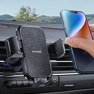 Lamicall 2025 Wider Clamp & Metal Hook Car Phone Holder Vent [Thick Cases Friendly] Phone Holders for Your Car Mount Automobile Hands Free Cradle Air Vent for iPhone 17 16 15 Pro Max Wood Grain