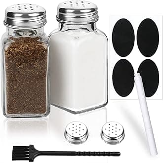 2 Pack Salt and Pepper Shakers Set, Salt Shakers for Kitchen with 4 Black Labels and Chalk Marker, Cute Farmhouse Glass Salt and Pepper Shakers with Stainless Steel Lid (Clear)