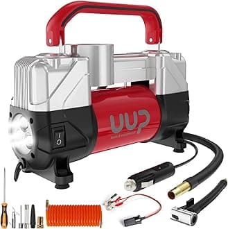 Tire Inflator Air Compressor, 150PSI 12V DC Double Cylinders Heavy Duty Portable Air Pump w/Emergency LED Light for Truck, SUV, Car, RV (red)