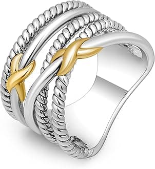 Mytys Gold and Silver Statement Rings for Women - Cable Wire Intertwined Design Two Tone Rings - Vintage Silver Vintage Rings Cocktail Jewelry