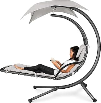 Best Choice Products Outdoor Hanging Curved Steel Chaise Lounge Chair Swing w/Built-in Pillow and Removable Canopy - White Sand