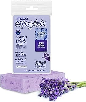 T.Taio Esponjabon Soap Sponge - Cleansing Shower Scrubber - Cleaning Bath Wash Scrub - Oil Removal - Massage & Lather Foot, Elbow, & Face - Bathroom Accessories (Lavender)