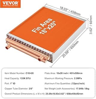 VEVOR Heat Exchanger Water to Air, 18"x 20" with 3-Row 3/8" Copper Ports, 242 Aluminum Fins Heat Exchanger for Outdoor Wood Furnaces, Residential Heating and Cooling, and Forced Air Heating