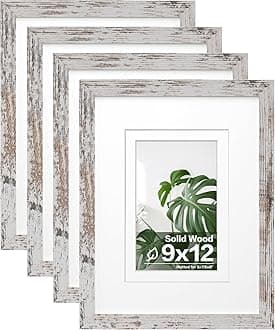 Egofine 9x12 Picture Frames Set of 4, Made of Solid Wood Covered by Plexiglass 5x7 and 6x8 with Mat or 9x12 without Mat, for Table Top Display and Wall Mounting Photo Frame, Rustic White