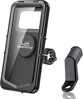 GRAND PITSTOP Anti Theft Waterproof Motorcycle Phone Mount with Wireless Charging Pad Sturdy Mobile Base, 360° Phone Protection, Aluminium Clamp Handle Mount Black
