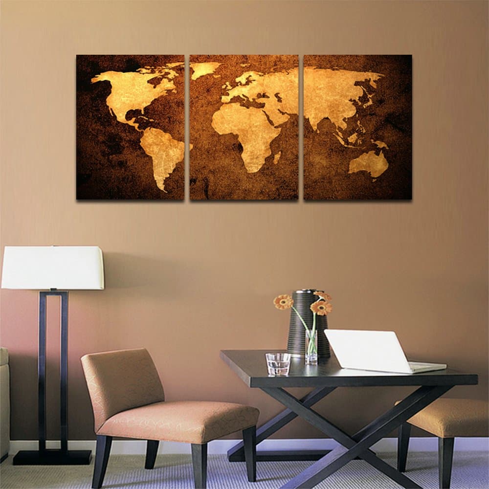 CyioArt - 3-Panel Retro Wall Art - brown World Map - Canvas Art Home Decoration - 16x20 inches