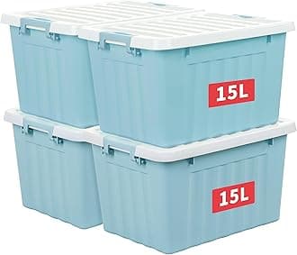 Cetomo 15L*4 White Plastic Storage box Tote Organizing Container with Durable Lid and Secure Latching Buckles, Stackable and Nestable, 4Pack, with Buckle